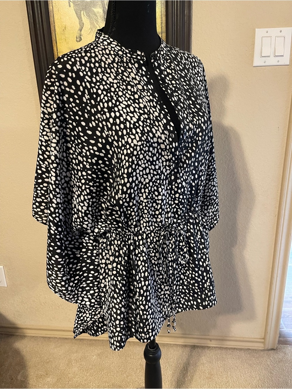 Michael Kors Black and White Speckled Drawstring Waist Blouse
